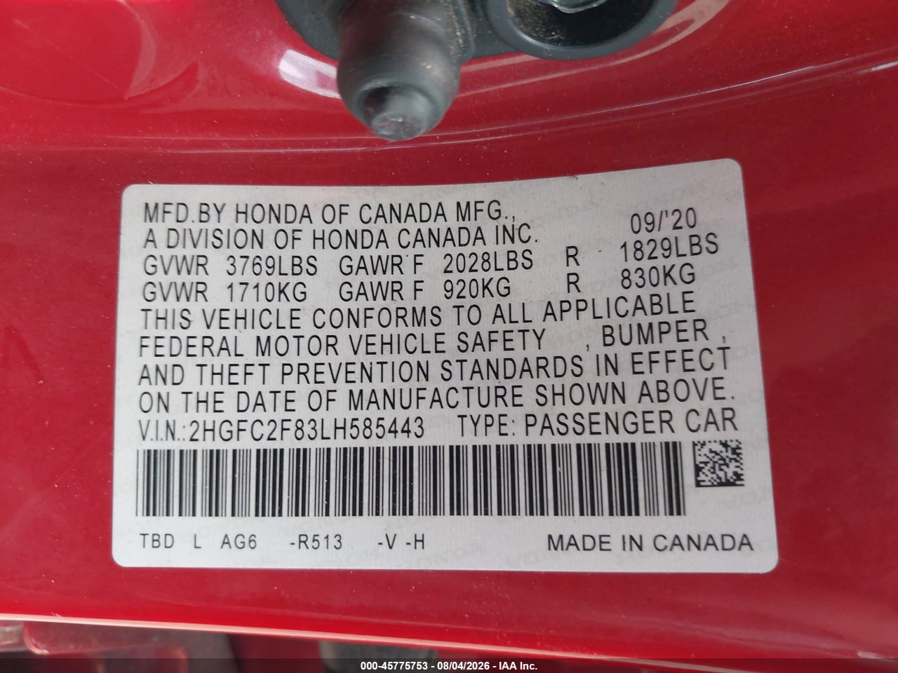 2HGFC2F83LH****** · 2020 HONDA CIVIC SPORT · 9/11