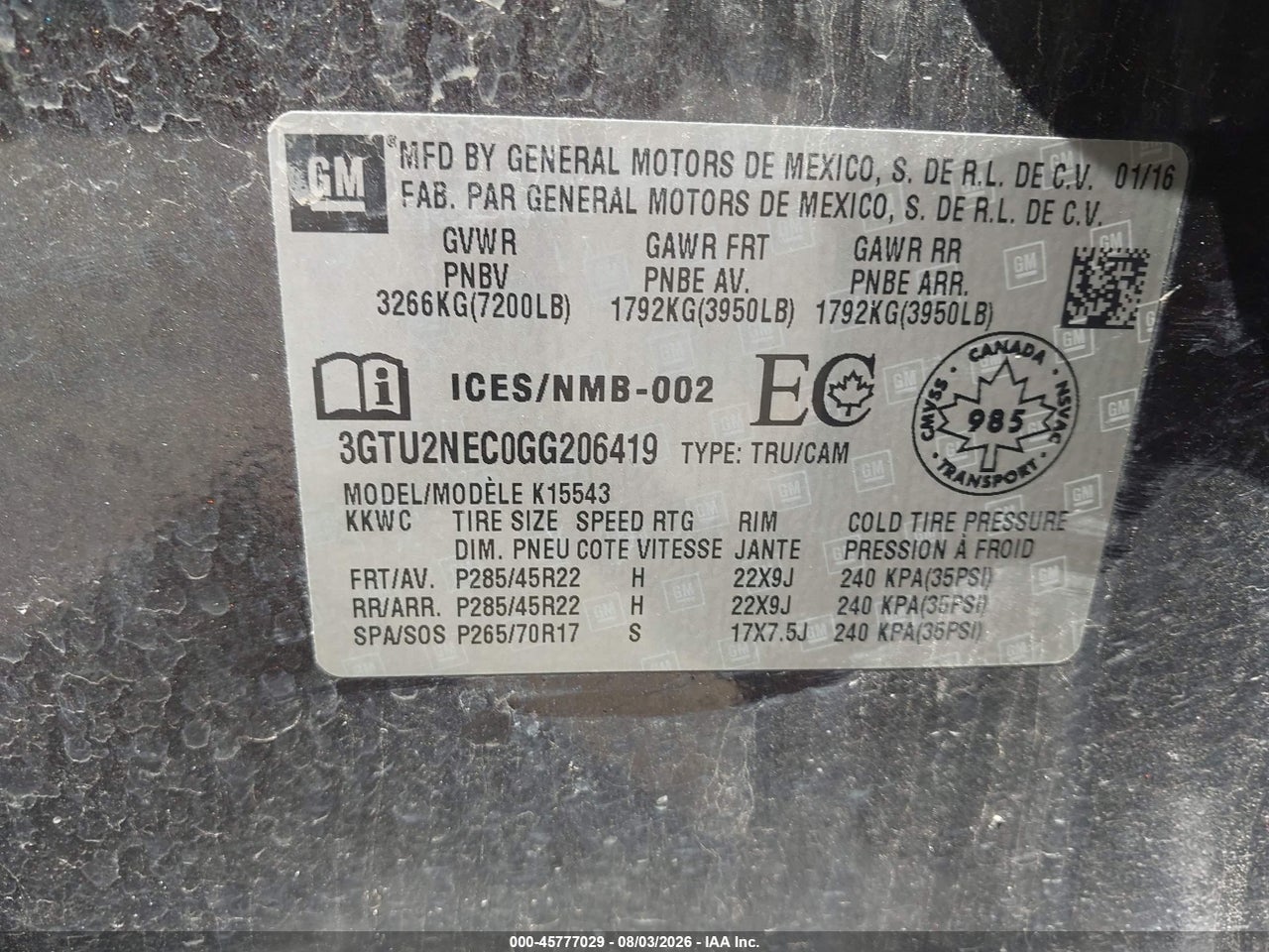 3GTU2NEC0GG****** · 2016 GMC SIERRA 1500 SLT · 9/11
