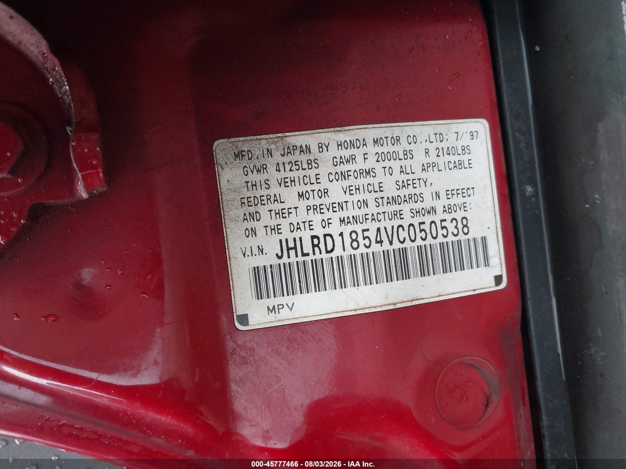 JHLRD1854VC****** · 1997 HONDA CR-V   · 9/11