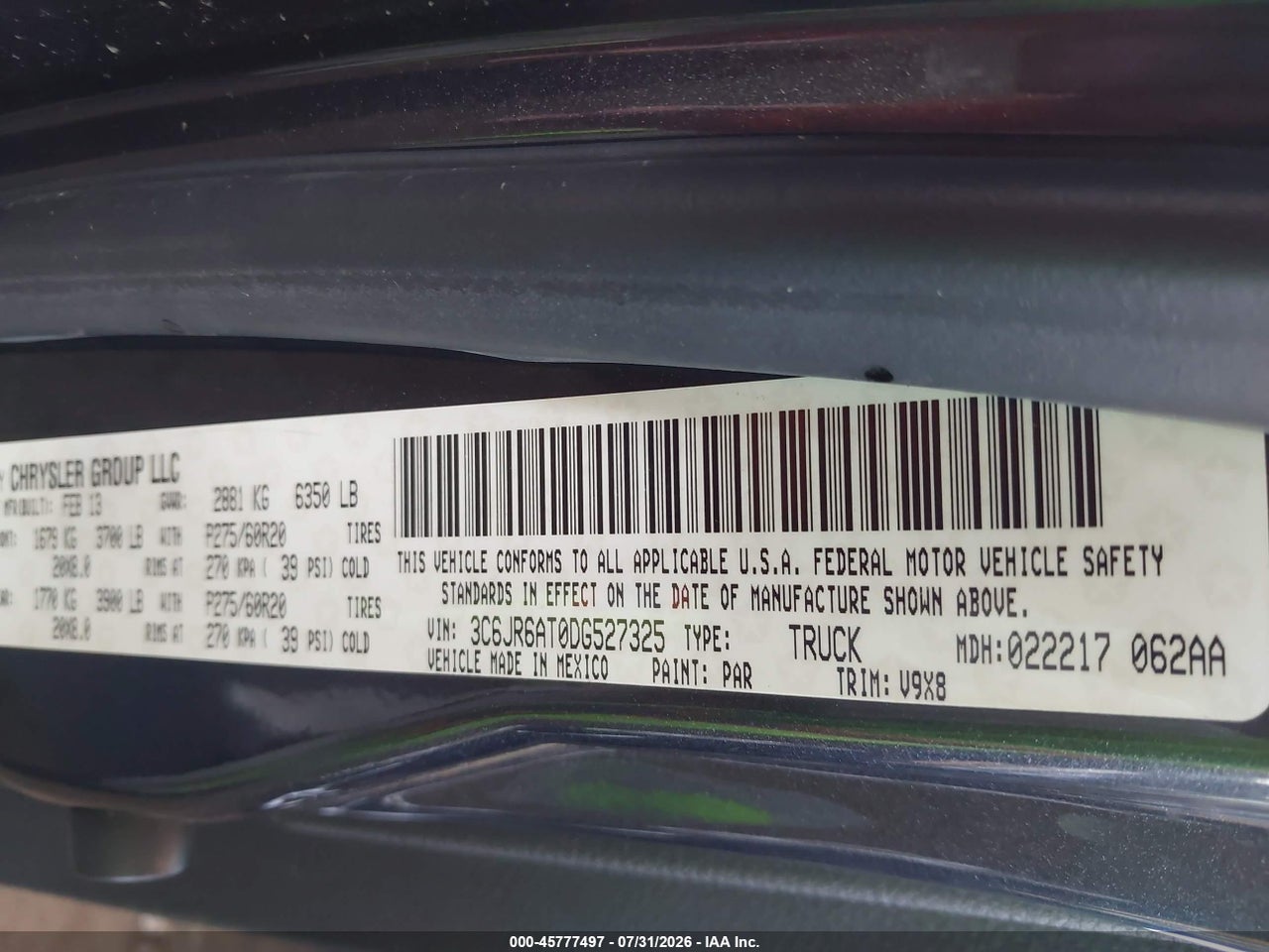 3C6JR6AT0DG****** · 2013 RAM 1500 EXPRESS · 9/11