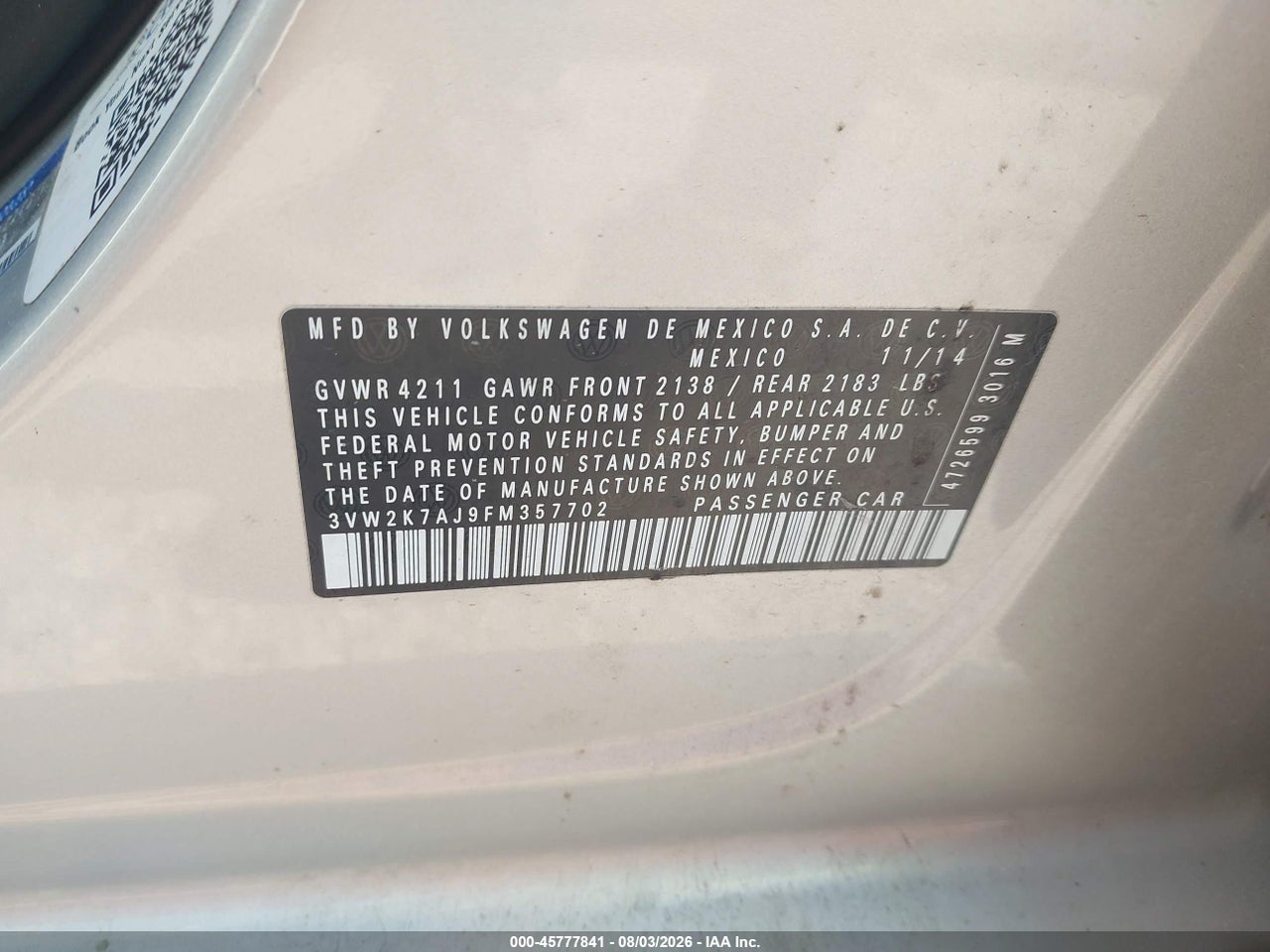 3VW2K7AJ9FM****** · 2015 VOLKSWAGEN JETTA 2.0L S · 9/11