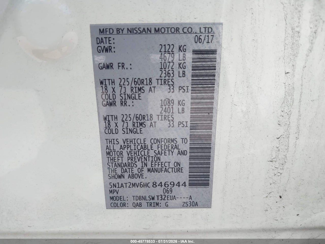 5N1AT2MV6HC****** · 2017 NISSAN ROGUE SL · 9/11