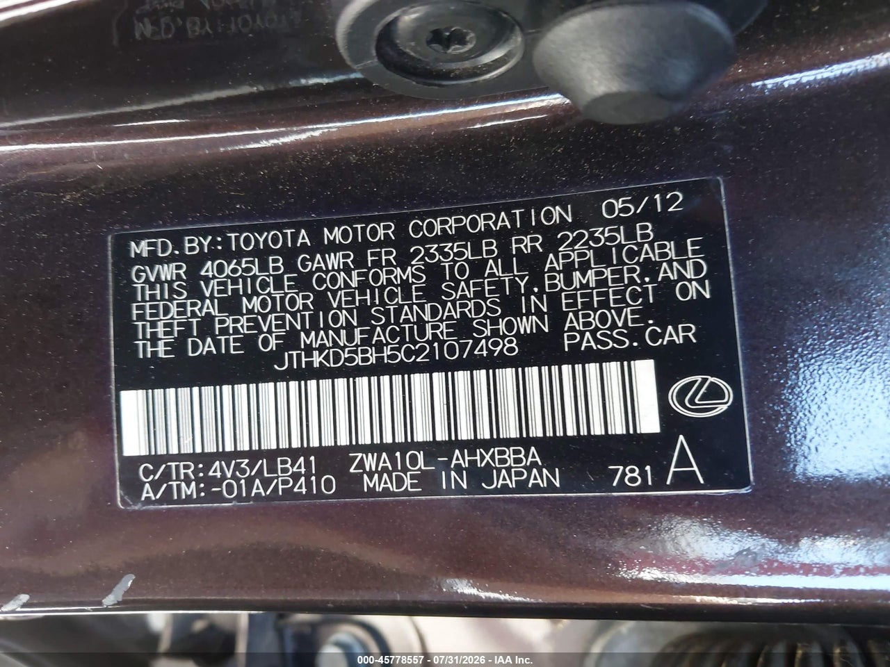 JTHKD5BH5C2****** · 2012 LEXUS CT 200H PREMIUM · 9/11