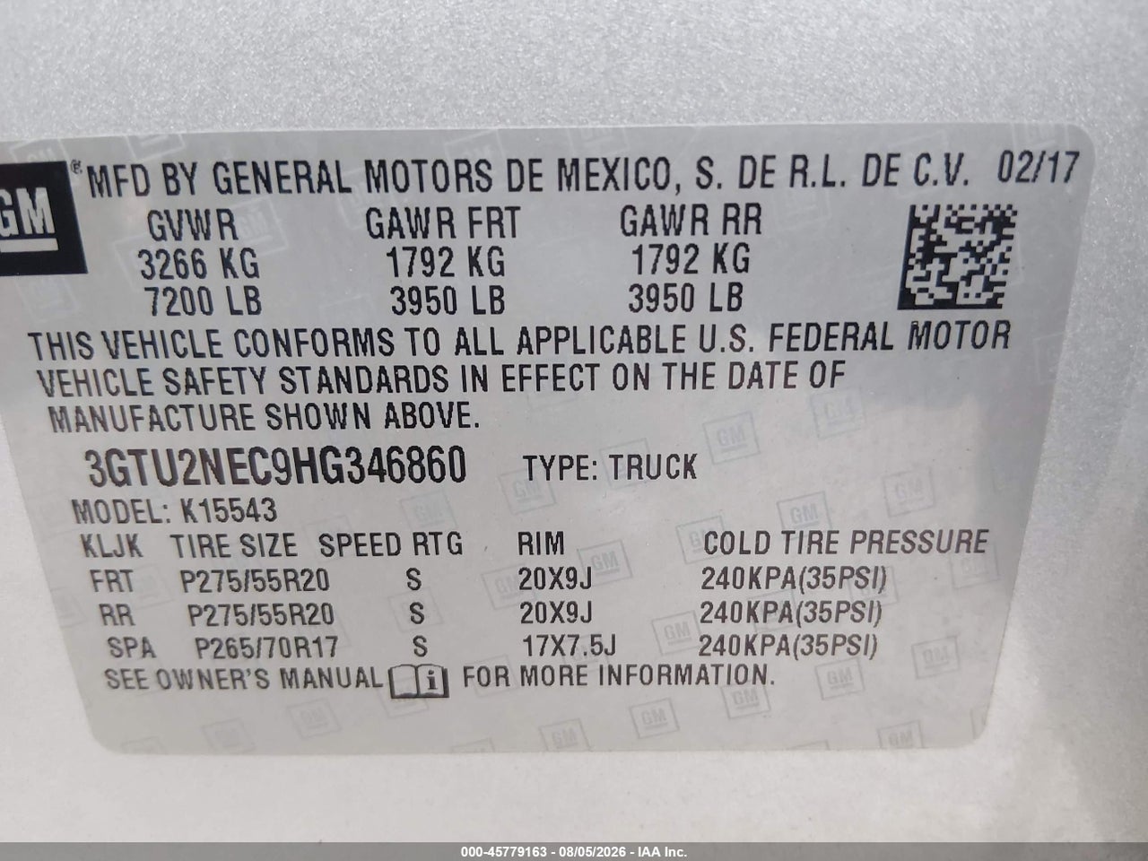3GTU2NEC9HG****** · 2017 GMC SIERRA 1500 SLT · 9/11