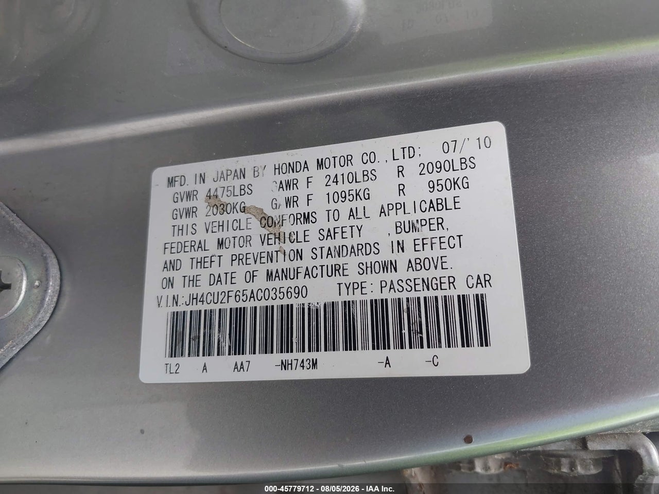 JH4CU2F65AC****** · 2010 ACURA TSX 2.4 · 9/11