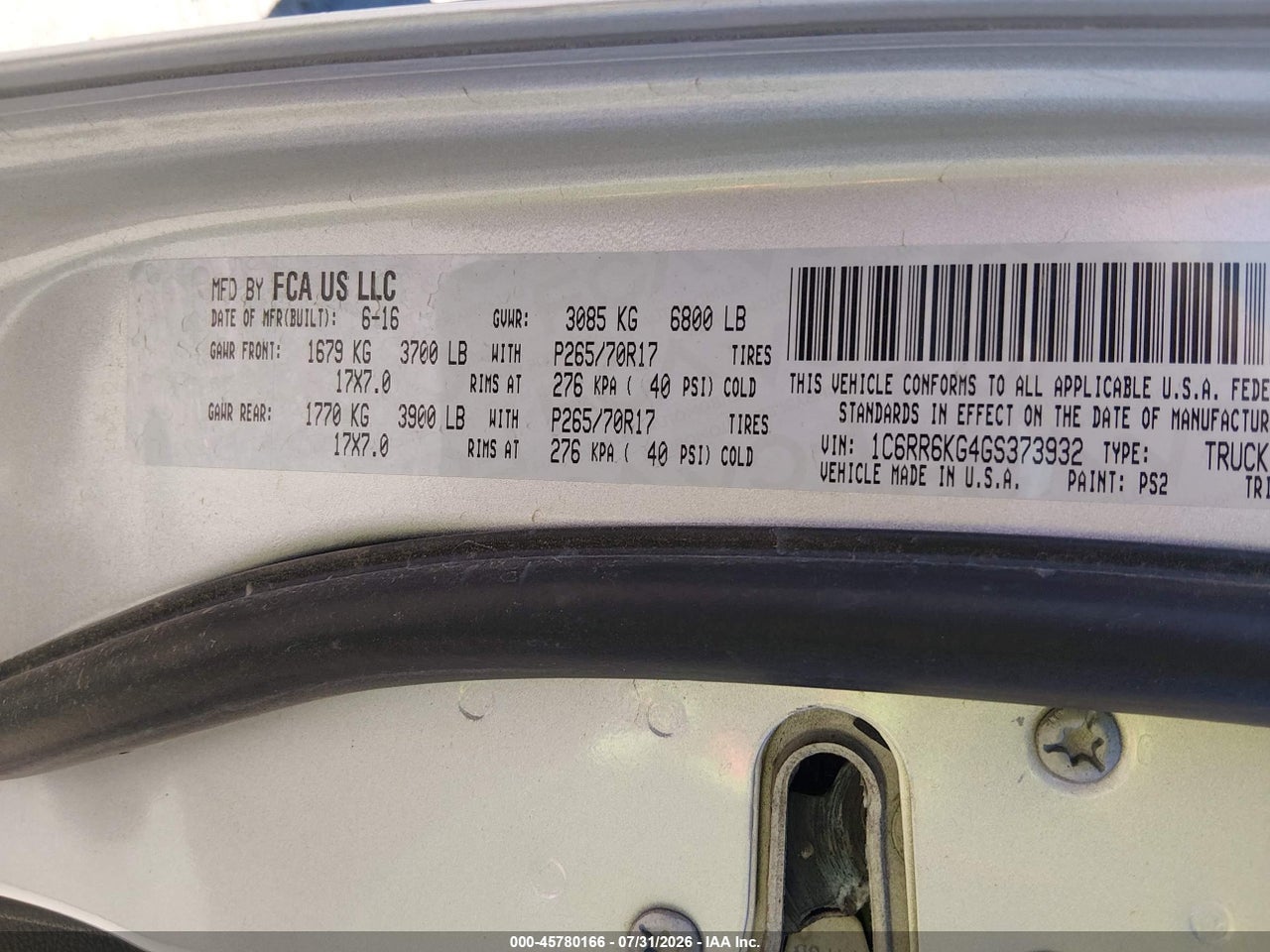 1C6RR6KG4GS****** · 2016 RAM 1500 · 9/11