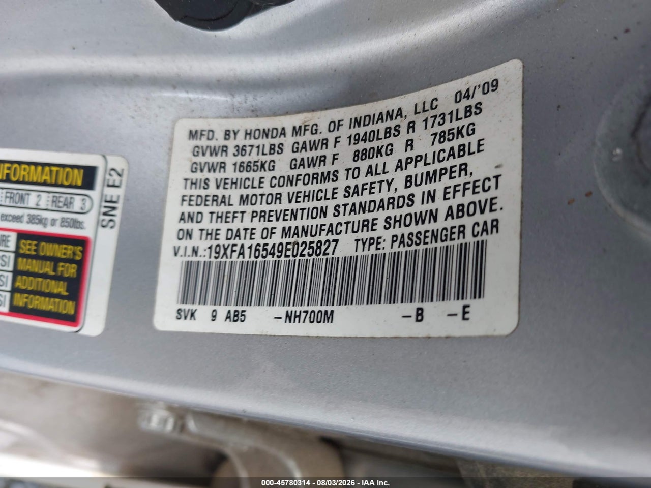 19XFA16549E****** · 2009 HONDA CIVIC LX · 9/11
