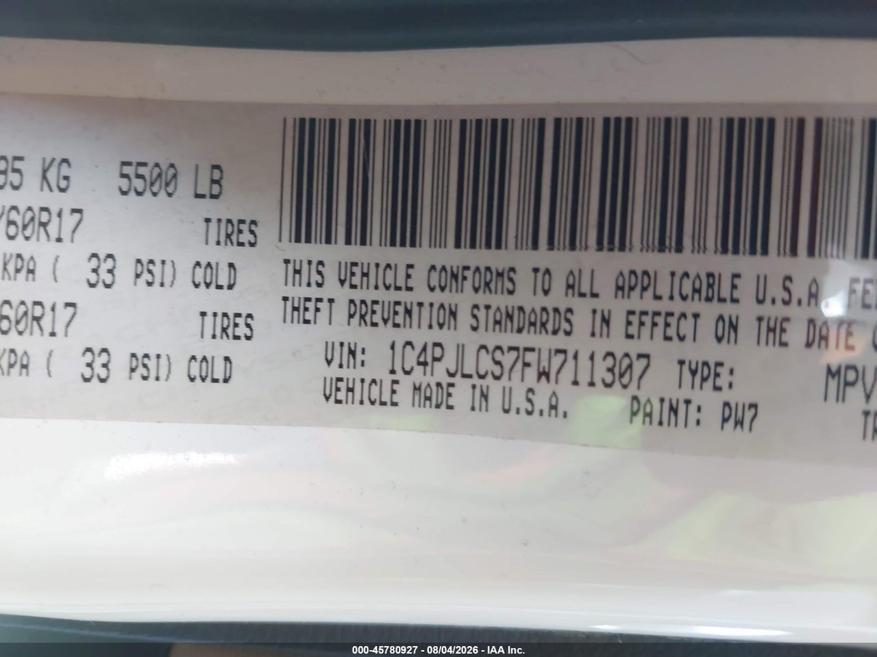 1C4PJLCS7FW****** · 2015 JEEP CHEROKEE LATITUDE · 9/11
