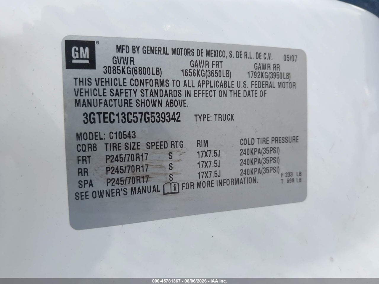 3GTEC13C57G****** · 2007 GMC SIERRA 1500 WORK TRUCK · 9/11