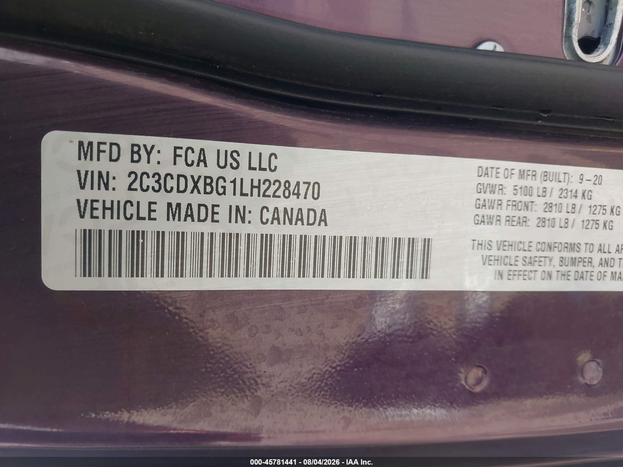 2C3CDXBG1LH****** · 2020 DODGE CHARGER SXT RWD · 9/11