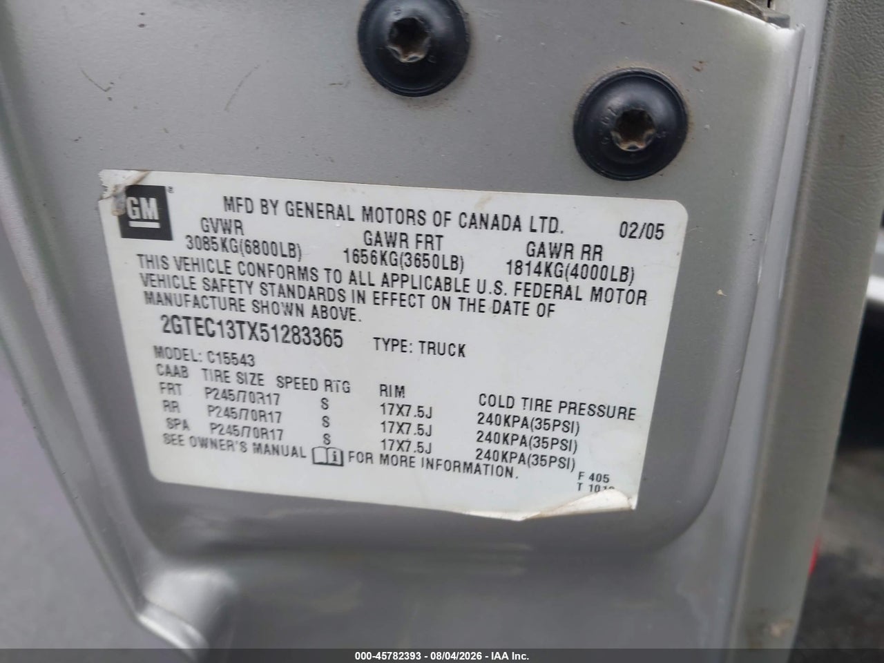 2GTEC13TX51****** · 2005 GMC SIERRA 1500 SLT · 9/11