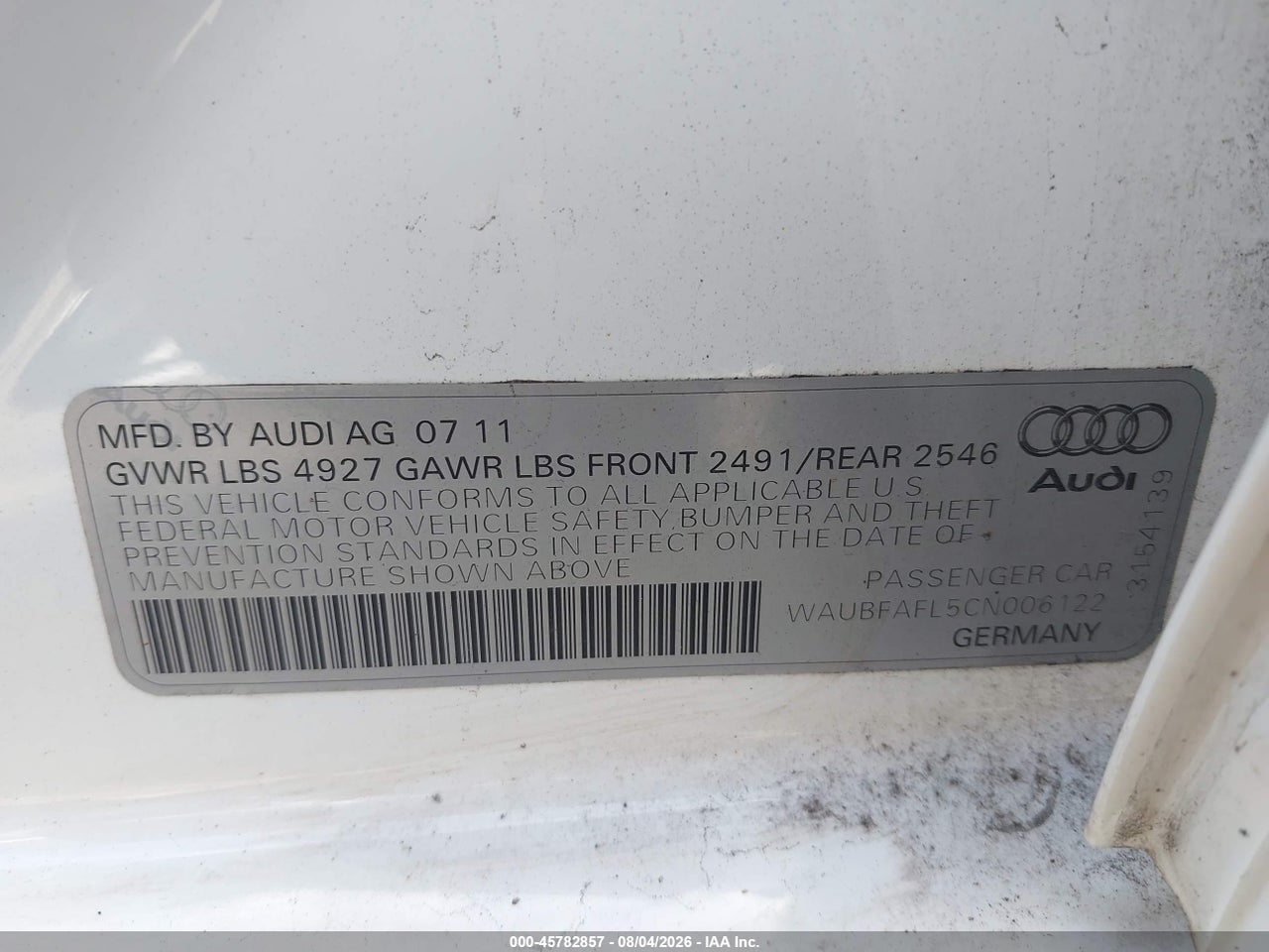 WAUBFAFL5CN****** · 2012 AUDI A4 2.0T PREMIUM · 9/11