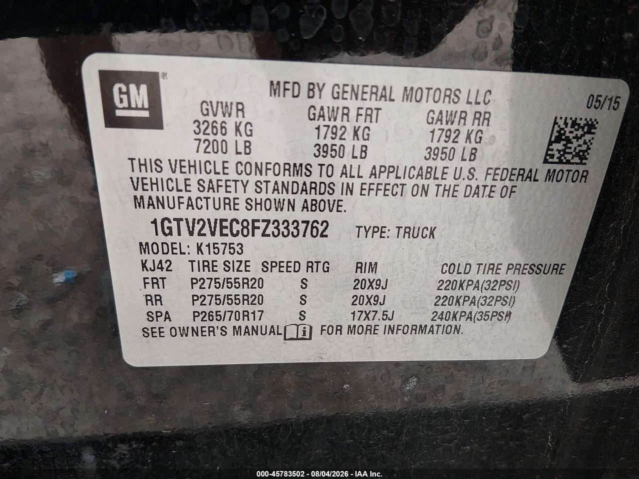 1GTV2VEC8FZ****** · 2015 GMC SIERRA 1500 SLT · 9/11