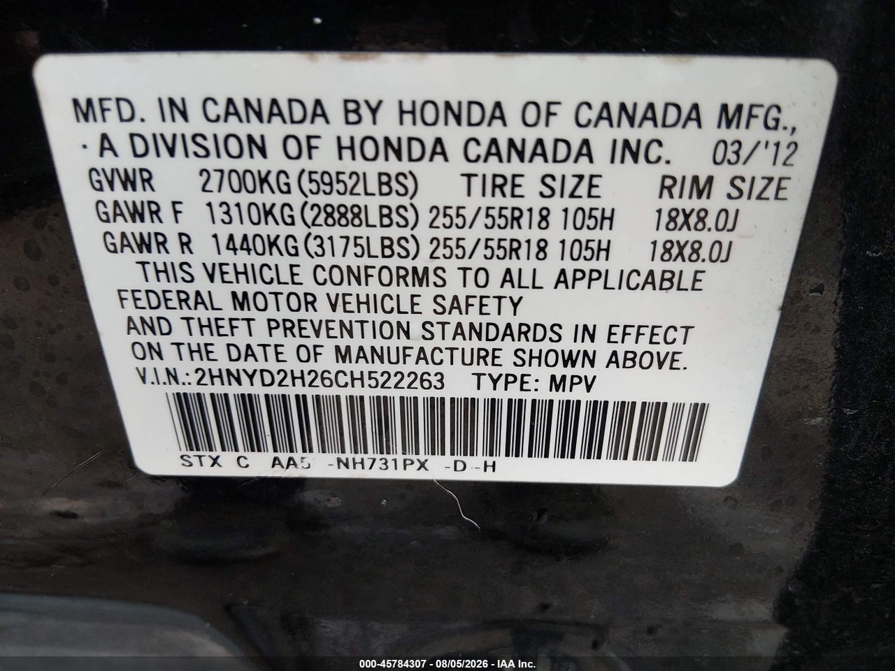 2HNYD2H26CH****** · 2012 ACURA MDX   · 9/11