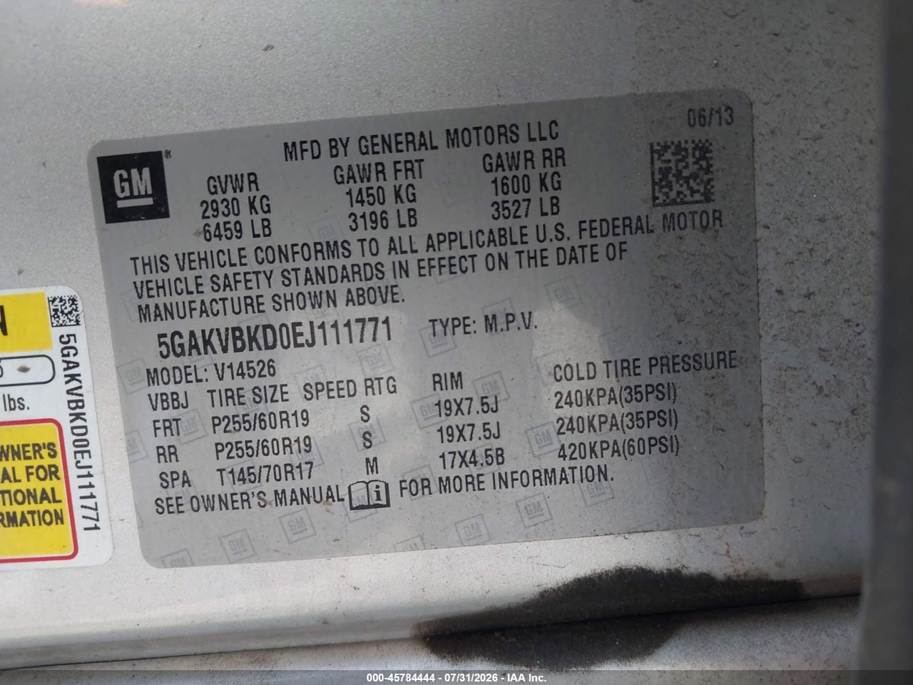 5GAKVBKD0EJ****** · 2014 BUICK ENCLAVE LEATHER · 9/11