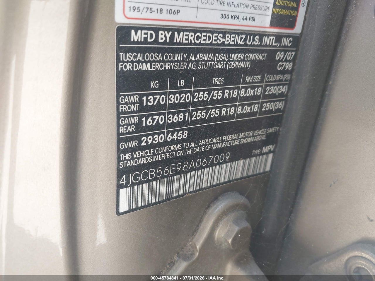 4JGCB56E98A****** · 2008 MERCEDES-BENZ R 350 · 9/11
