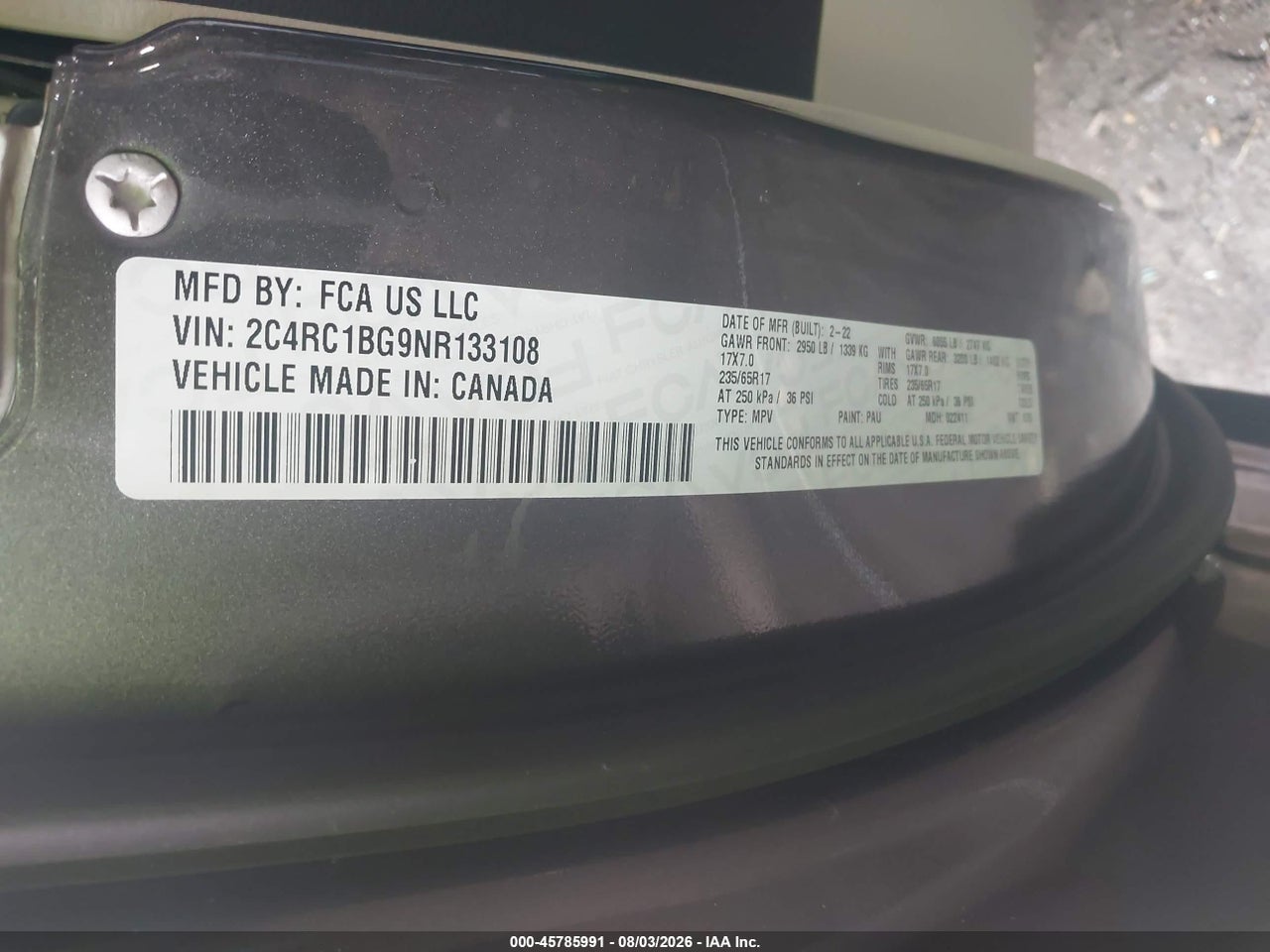 2C4RC1BG9NR****** · 2022 CHRYSLER PACIFICA TOURING L · 9/11
