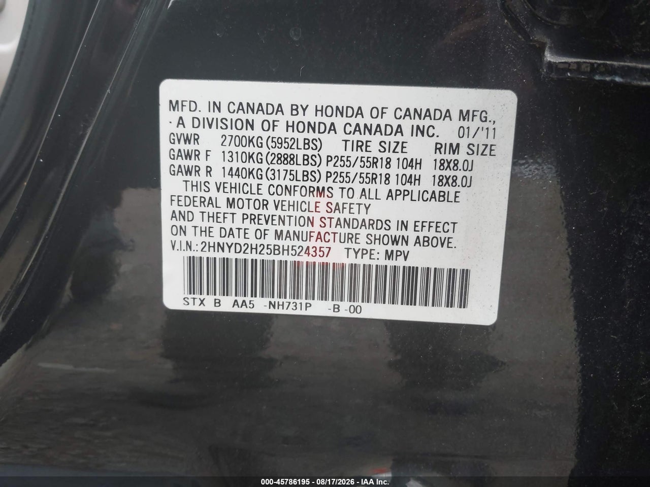 2HNYD2H25BH****** · 2011 ACURA MDX   · 9/11