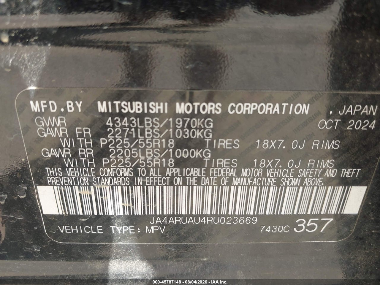 JA4ARUAU4RU****** · 2024 MITSUBISHI OUTLANDER SPORT 2.0 ES AWC/2.0 LE AWC/2.0 RALLIART AWC/2.0 S AWC/2.0 SE AWC/2.0 TRAIL EDITION AWC · 9/11