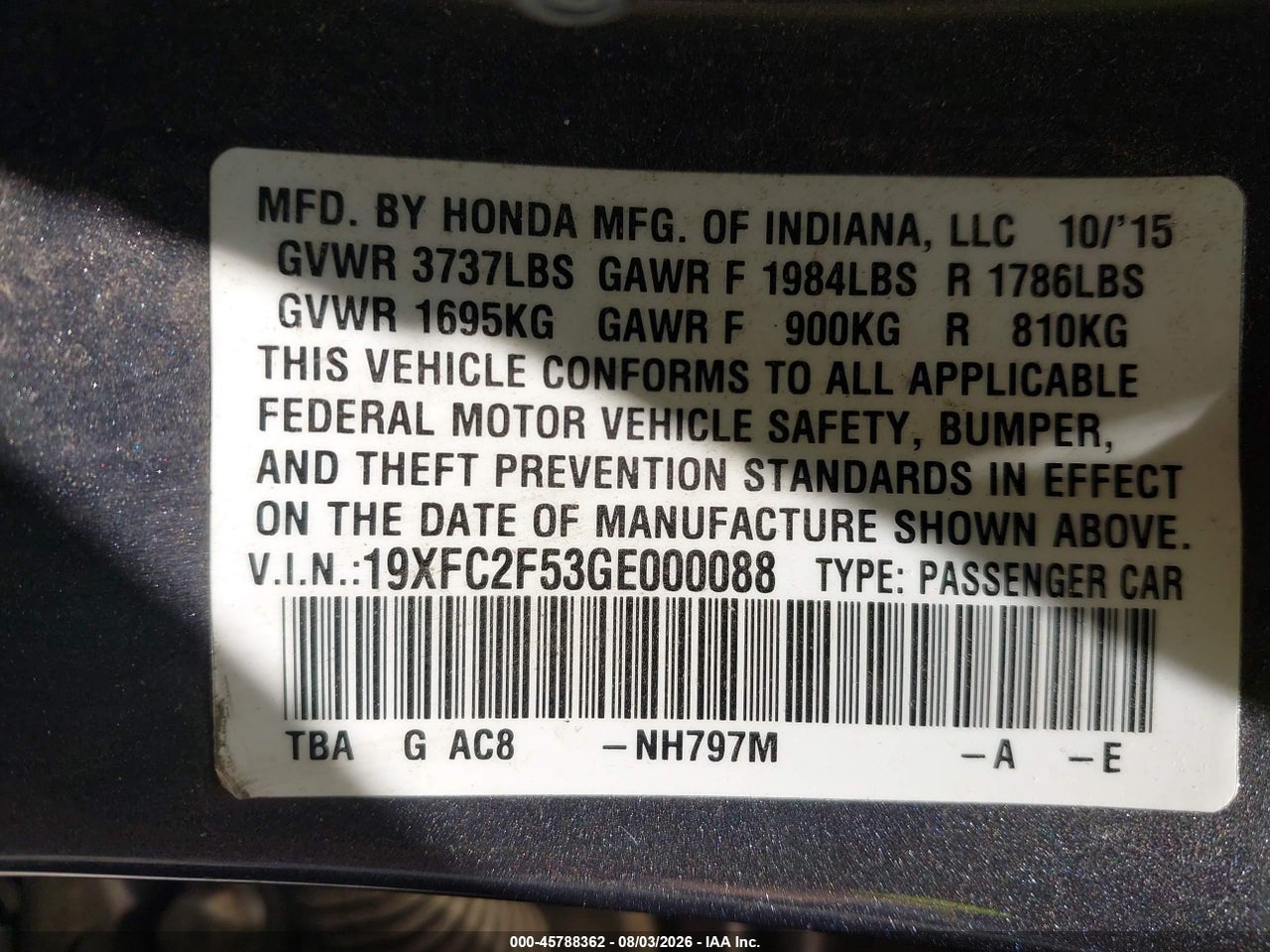 19XFC2F53GE****** · 2016 HONDA CIVIC LX · 9/11
