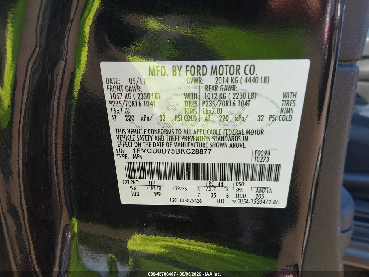 1FMCU0D75BK****** · 2011 FORD ESCAPE XLT · 9/11