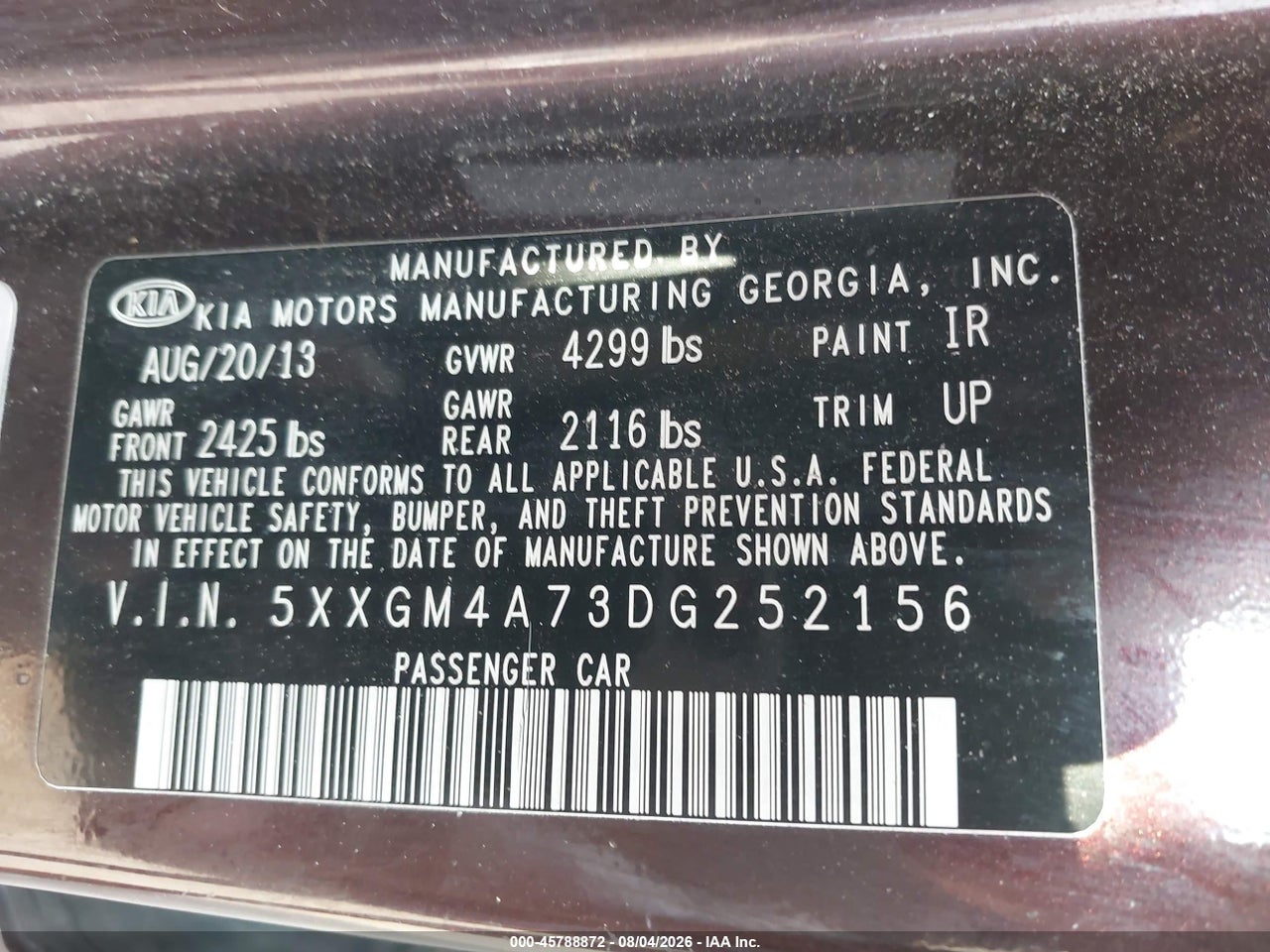 5XXGM4A73DG****** · 2013 KIA OPTIMA LX · 9/11