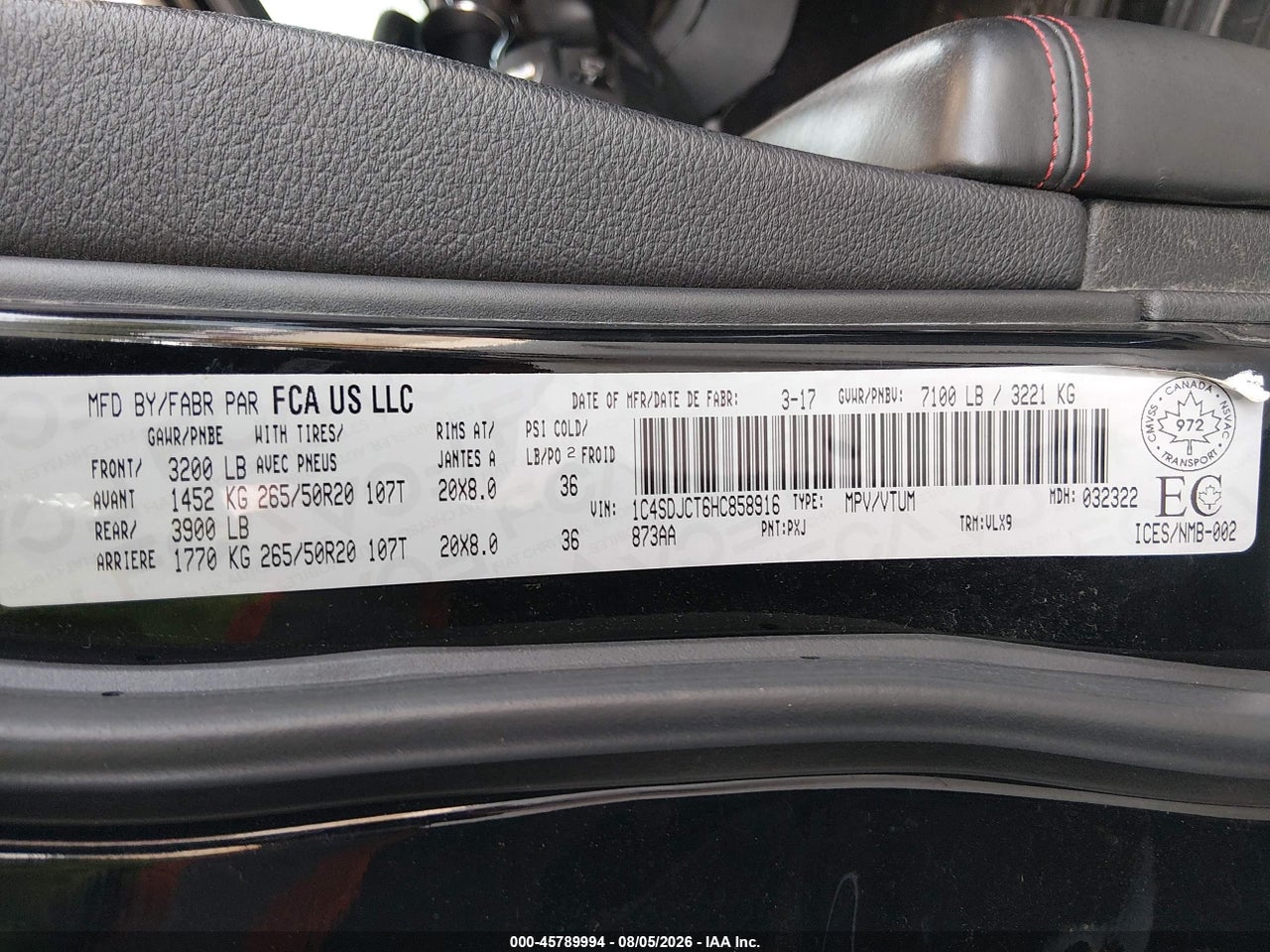1C4SDJCT6HC****** · 2017 DODGE DURANGO R/T · 9/11