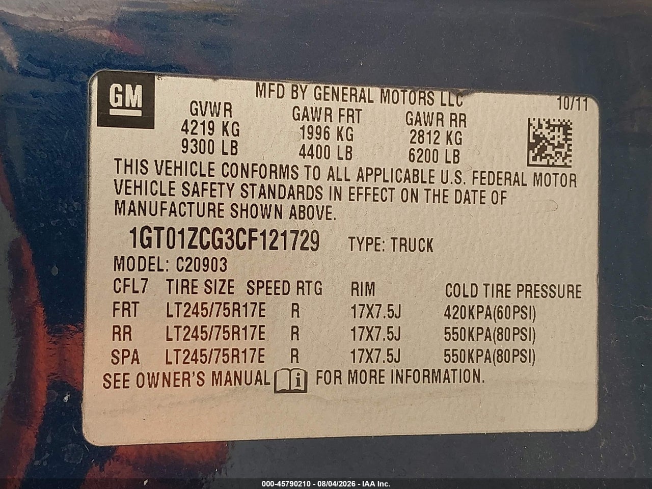 1GT01ZCG3CF****** · 2012 GMC SIERRA 2500HD WORK TRUCK · 9/11