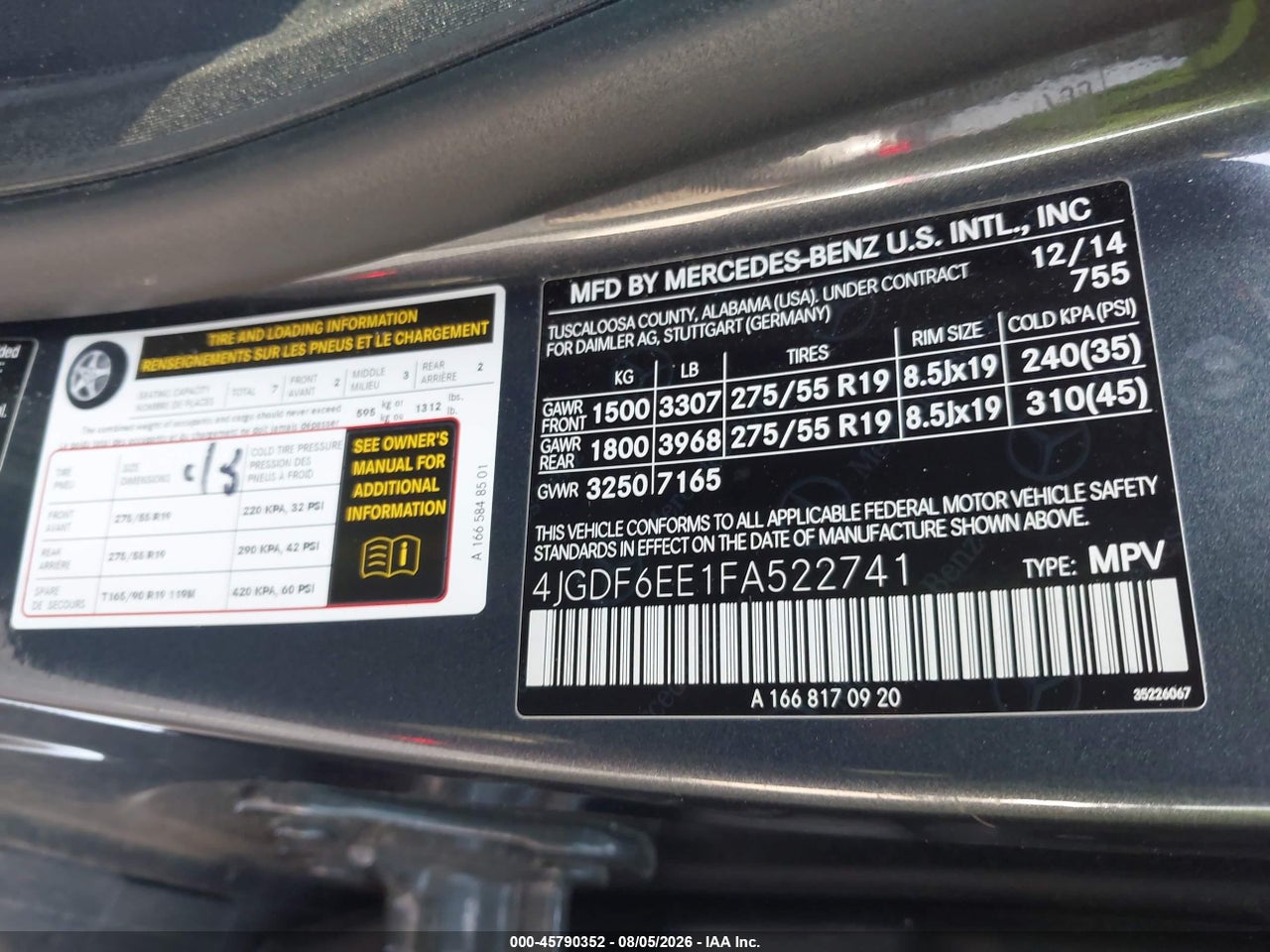 4JGDF6EE1FA****** · 2015 MERCEDES-BENZ GL 450 4MATIC · 9/11