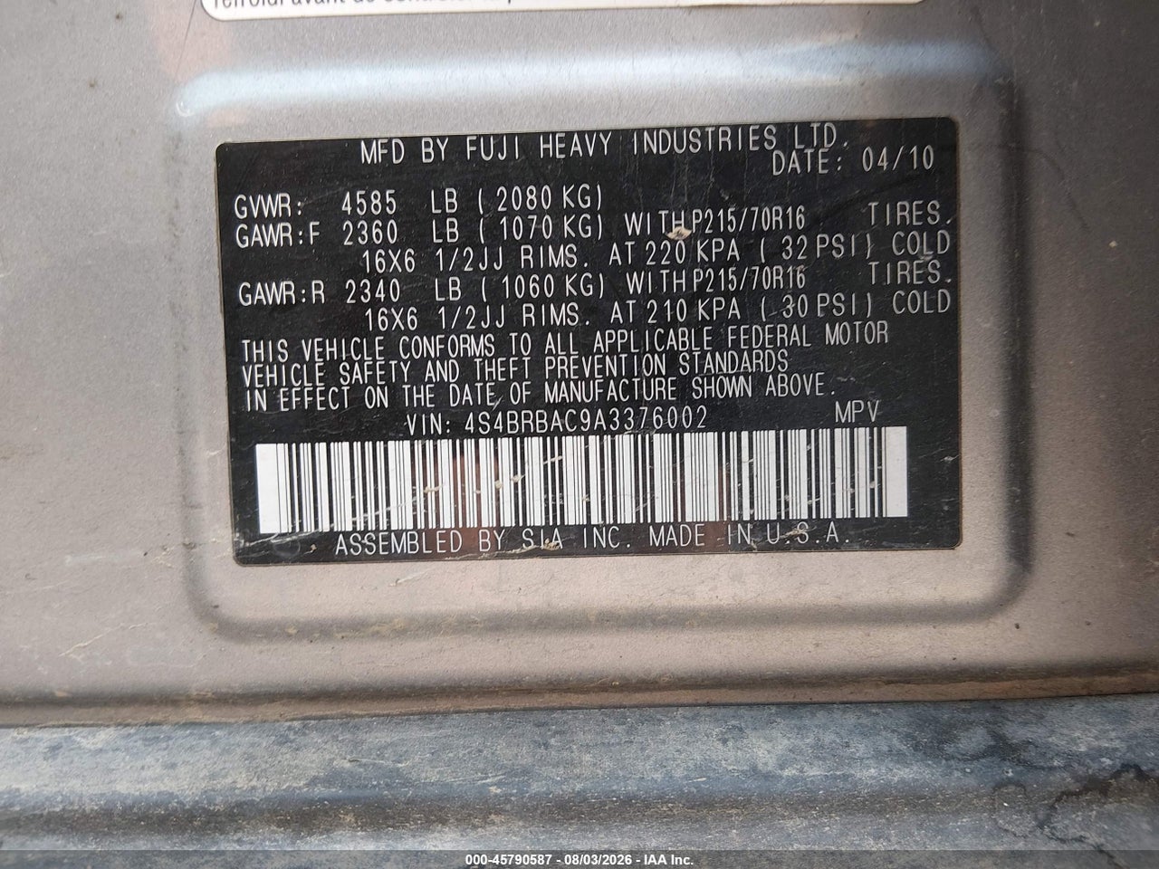 4S4BRBAC9A3****** · 2010 SUBARU OUTBACK 2.5I · 9/11