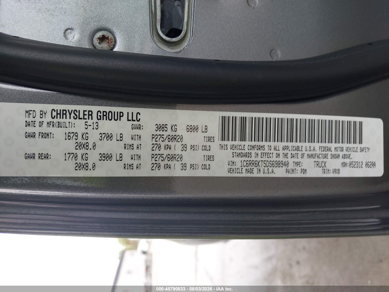 1C6RR6KT5DS****** · 2013 RAM 1500 EXPRESS · 9/11