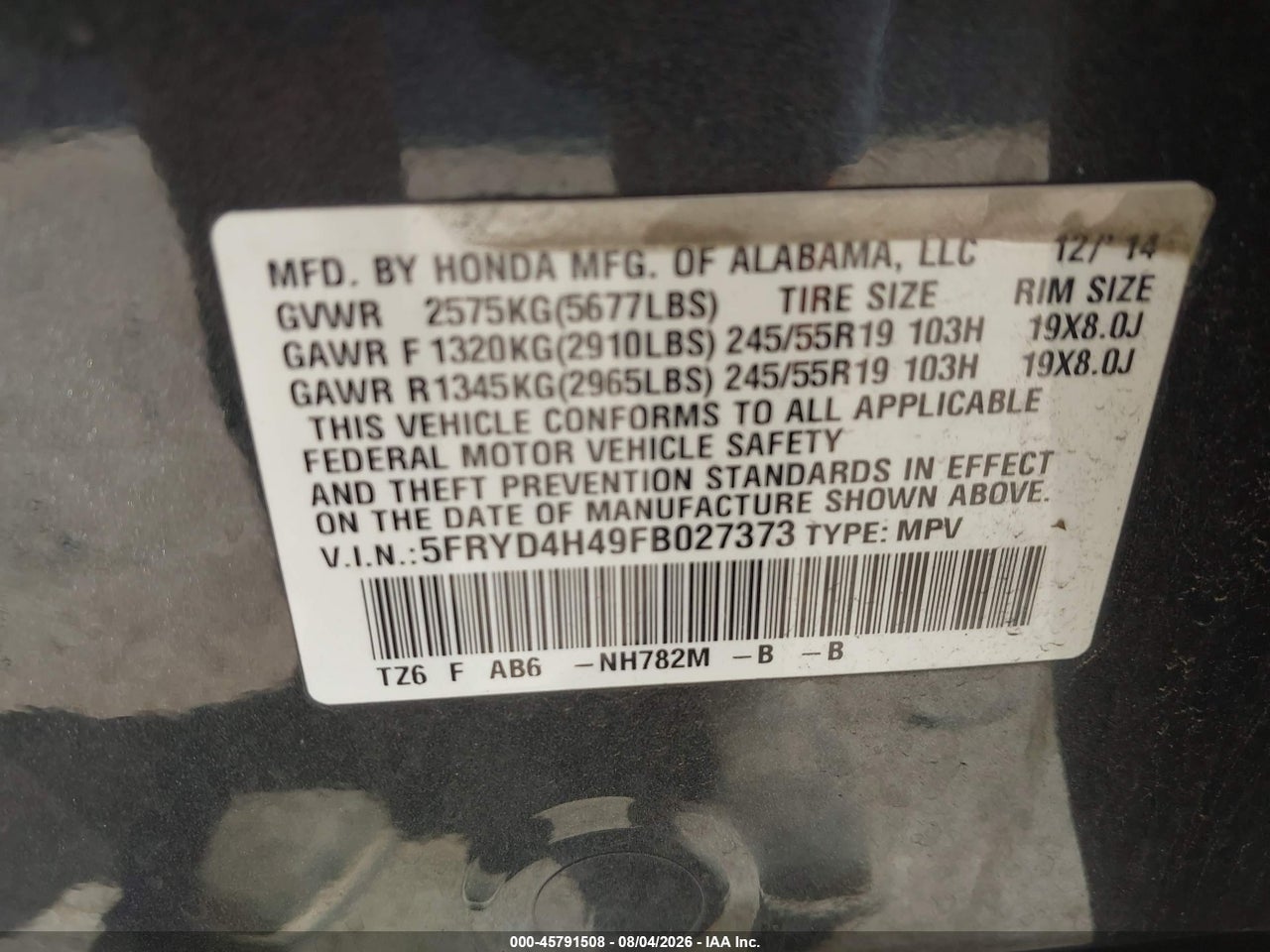 5FRYD4H49FB****** · 2015 ACURA MDX TECHNOLOGY PACKAGE · 9/11