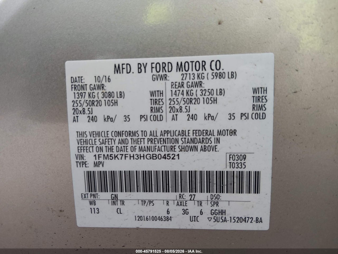 1FM5K7FH3HG****** · 2017 FORD EXPLORER LIMITED · 9/11