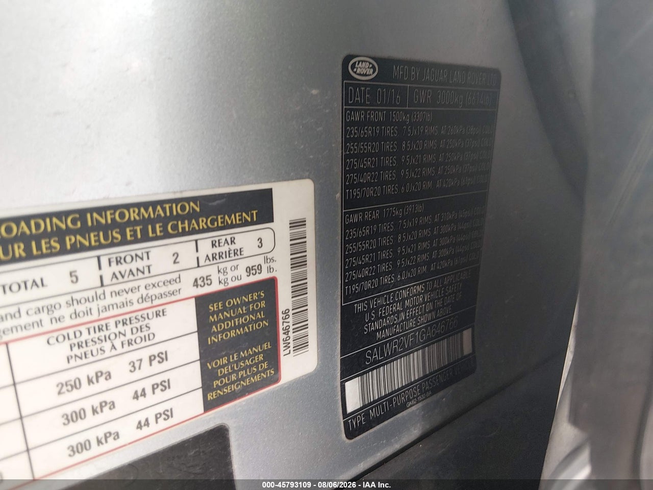 SALWR2VF1GA****** · 2016 LAND ROVER RANGE ROVER SPORT 3.0L V6 SUPERCHARGED HSE · 9/11