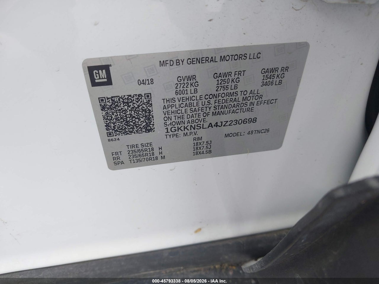 1GKKNSLA4JZ****** · 2018 GMC ACADIA SLE-2 · 9/11