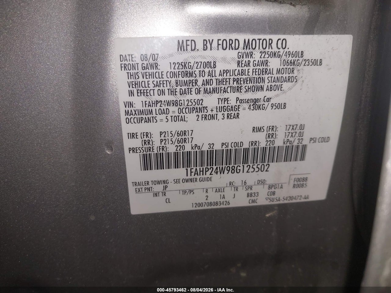 1FAHP24W98G****** · 2008 FORD TAURUS SEL · 9/11