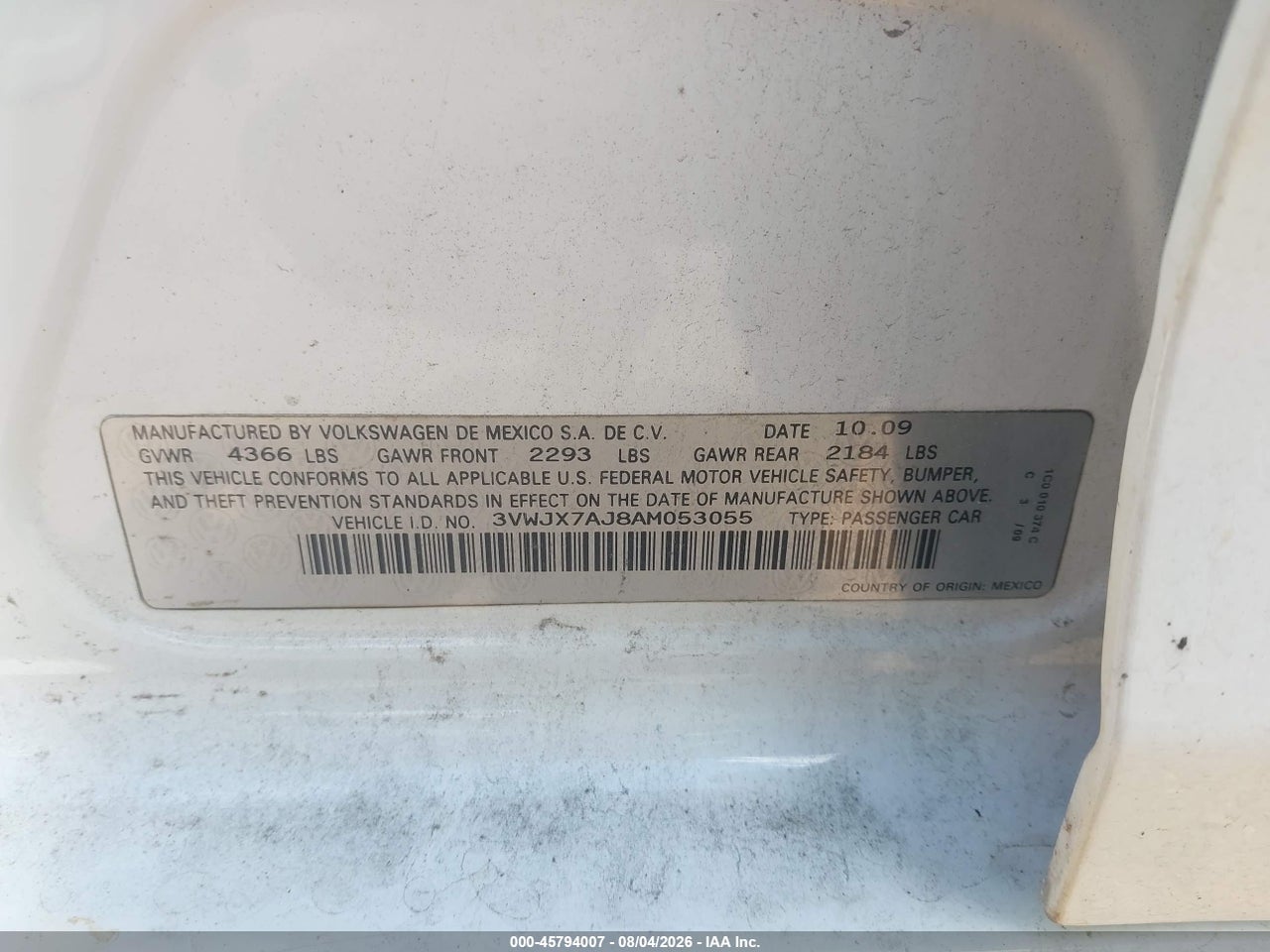 3VWJX7AJ8AM****** · 2010 VOLKSWAGEN JETTA S · 9/11
