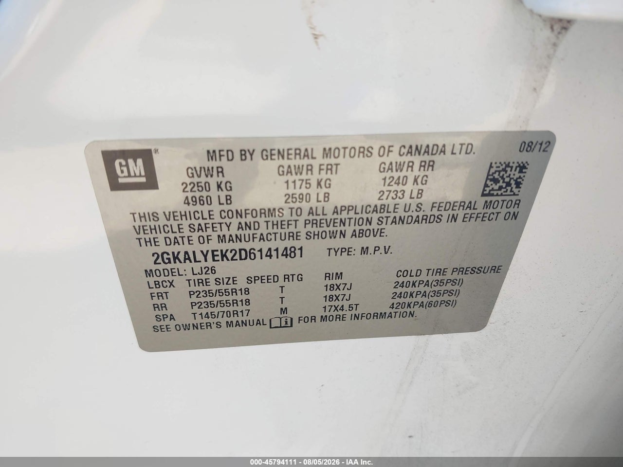 2GKALYEK2D6****** · 2013 GMC TERRAIN DENALI · 9/11