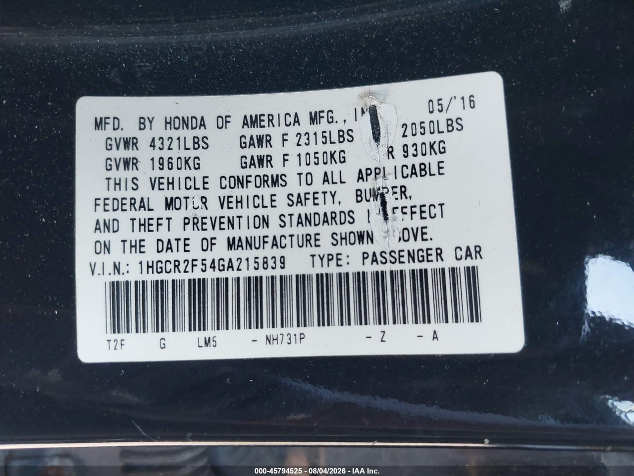 1HGCR2F54GA****** · 2016 HONDA ACCORD SPORT · 9/11