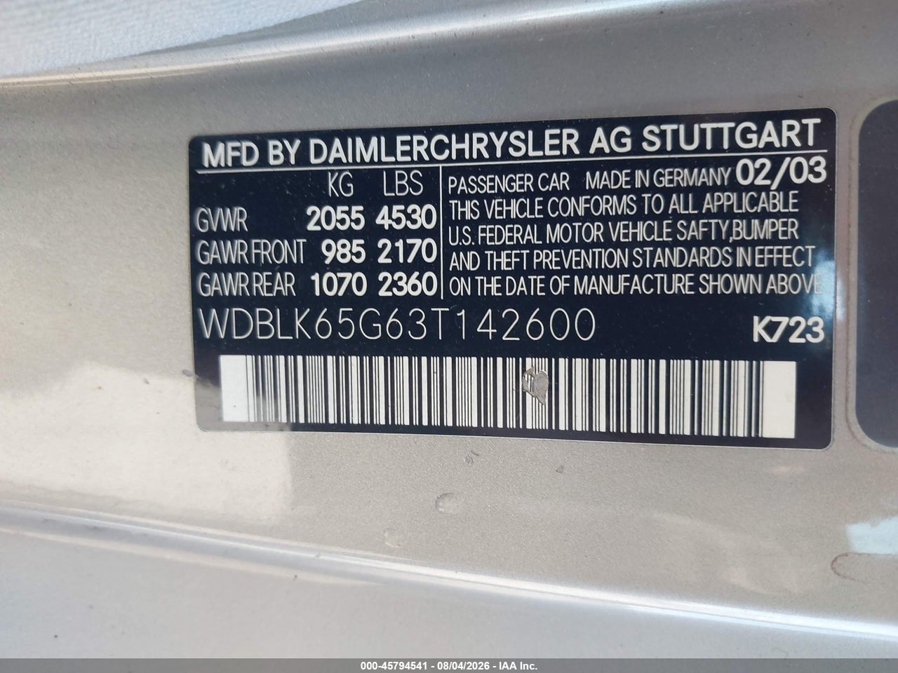WDBLK65G63T****** · 2003 MERCEDES-BENZ CLK 320   · 9/11