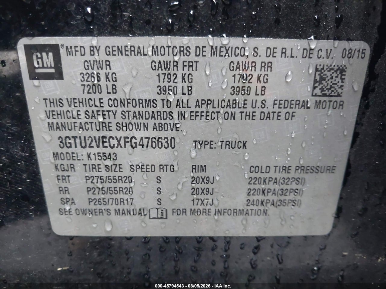 3GTU2VECXFG****** · 2015 GMC SIERRA 1500 SLT · 9/11