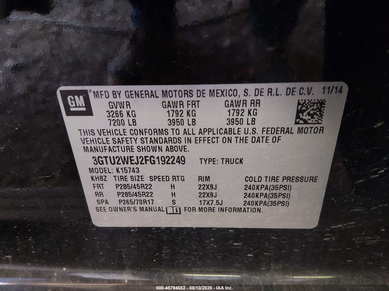 3GTU2WEJ2FG****** · 2015 GMC SIERRA 1500 DENALI · 9/11