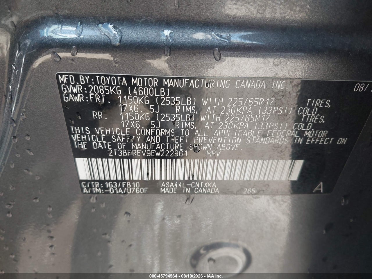 2T3BFREV9EW****** · 2014 TOYOTA RAV4 LE · 9/11