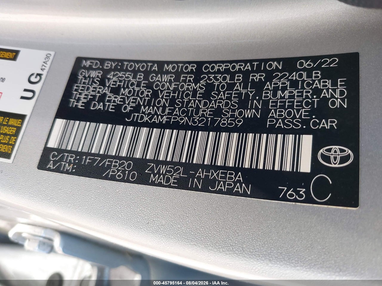 JTDKAMFP9N3****** · 2022 TOYOTA PRIUS PRIME LE · 9/11