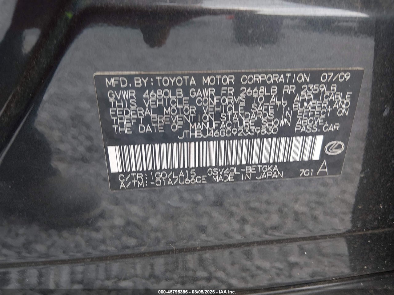 JTHBJ46G092****** · 2009 LEXUS ES 350   · 9/11