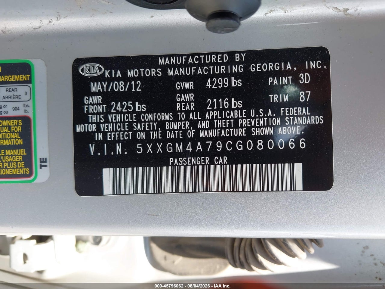 5XXGM4A79CG****** · 2012 KIA OPTIMA LX · 9/11