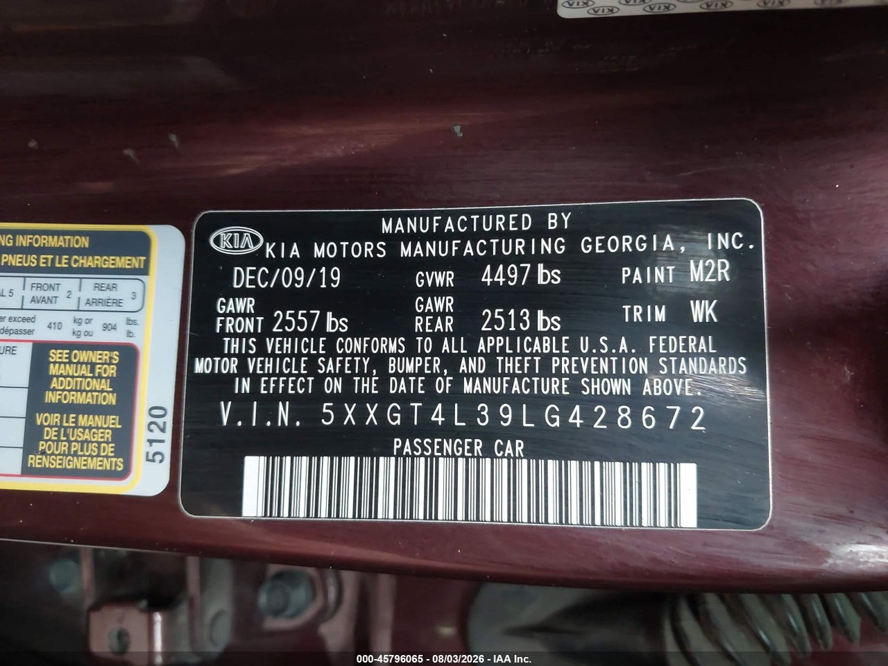 5XXGT4L39LG****** · 2020 KIA OPTIMA LX · 9/11