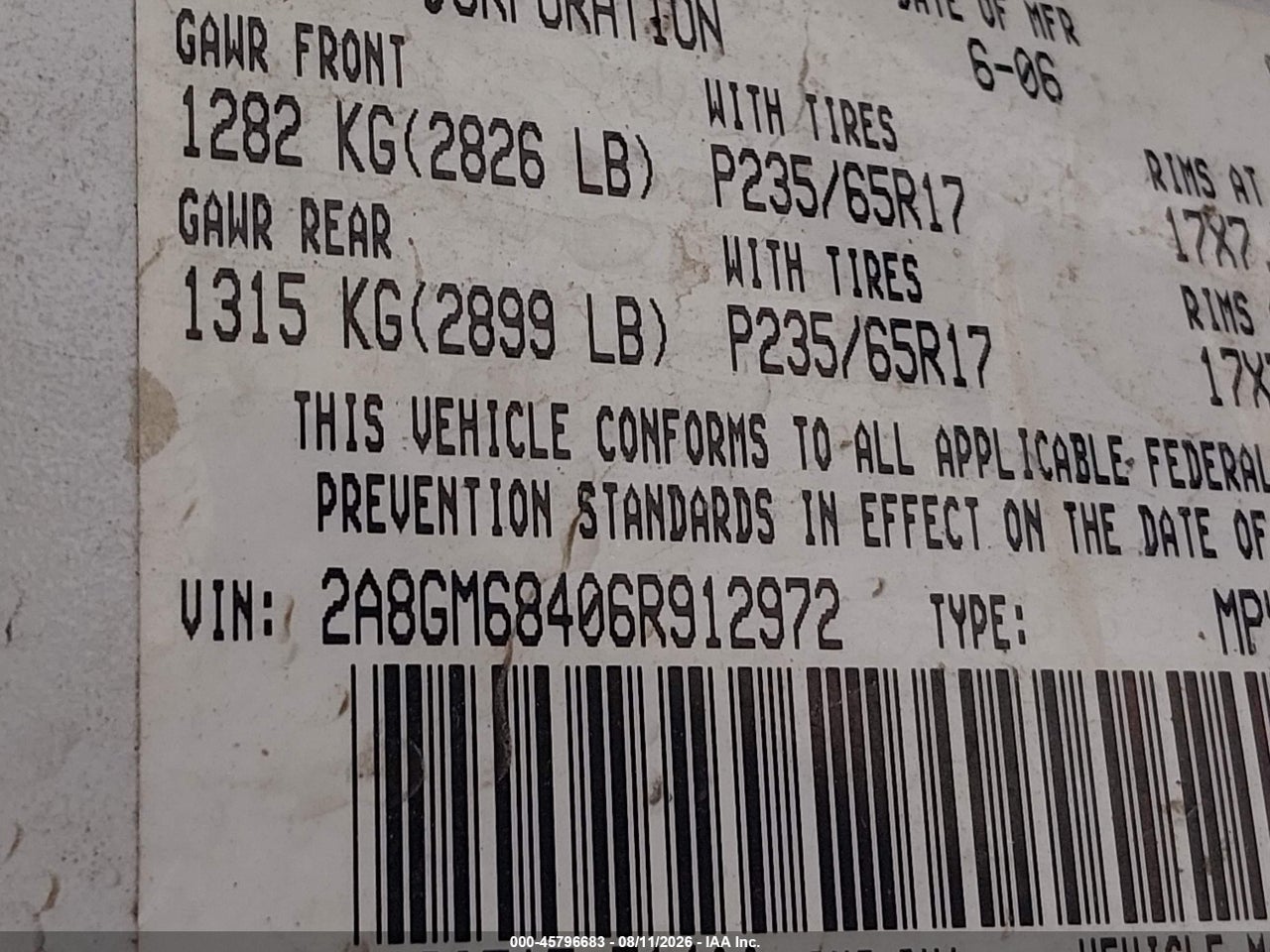 2A8GM68406R****** · 2006 CHRYSLER PACIFICA TOURING · 9/11