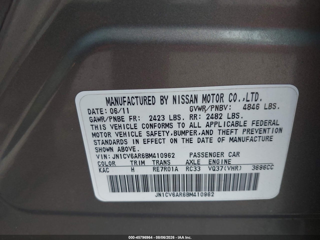 JN1CV6AR6BM****** · 2011 INFINITI G37X · 9/11