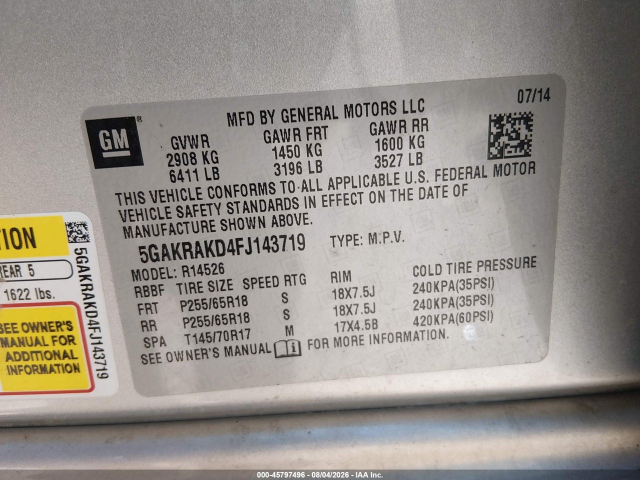 5GAKRAKD4FJ****** · 2015 BUICK ENCLAVE CONVENIENCE · 9/11
